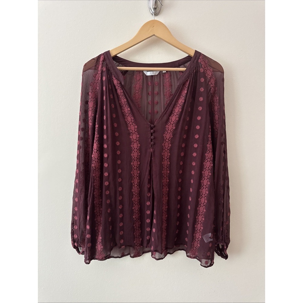 Zoa New York Women's M Maroon Sheer Silk Embroidered Blouse Romantic